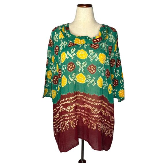 Madame Hall Women's Top OS Green Floral Artisan Indian Block Print Tunic Cotton - Picture 1 of 10